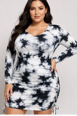 SHEIN Curve Womens 3XL Black White Tie Dye Ruched Drawstring Bodycon Dress NWT